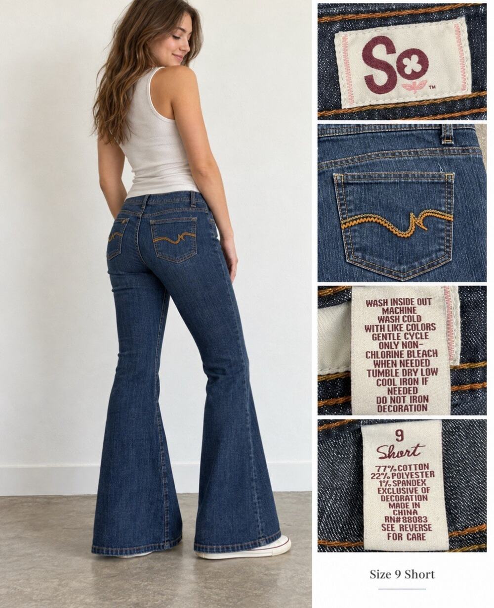 Y2K Indie Sleaze 2000s SO Flare Jeans Sz 9 Short Medium Wash Embroidered Pocket